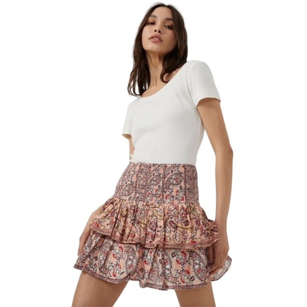 French Connection Cornalia Floral Print Mini Skirt, Coral Pink Ruffle Size 6 NWT